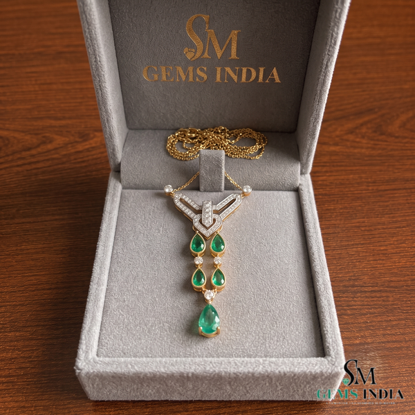 Pear Emerald Drop Pendant Necklace with Diamond Accents - Vintage Statement Jewelry