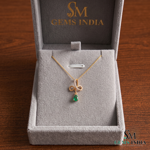 Natural Pear Shape Emerald Infinity Pendant With Diamond Accent - Green Gemstone Jewelry