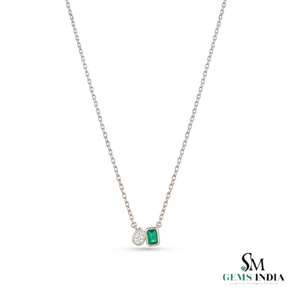 Emerald Cut Emerald & Pear Two Stone Pendant Necklace - Minimalist Gold Necklace