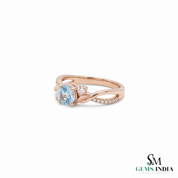 Round Blue Aquamarine Gemstone Twist Ring - Statement Ring For Her
