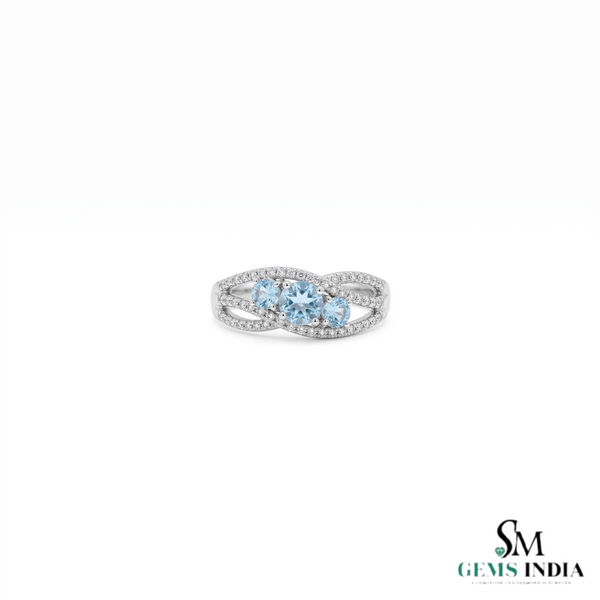 Elegant Triple Round Aquamarine And Diamond Ring - Three Stone Gemstone Ring