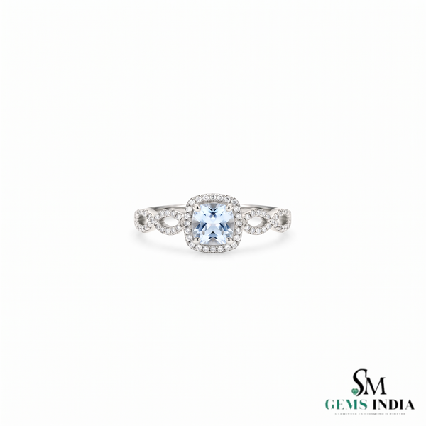Cushion Aquamarine Engagement Ring with Diamond Twisted Ring Band - March Birthstone Gift