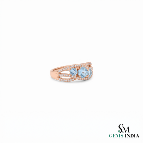 Elegant Triple Round Aquamarine And Diamond Ring - Three Stone Gemstone Ring