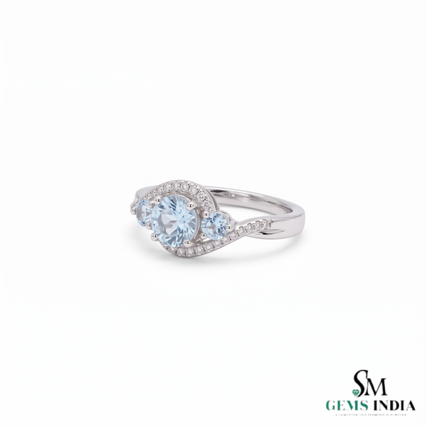 Round Cut Aquamarine with Diamond Accent Wave Band Ring - Classic Birthstone Jewelry