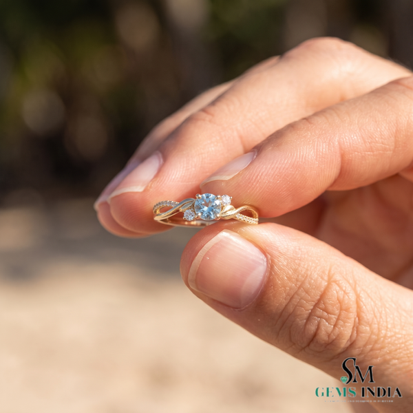 Round Blue Aquamarine Gemstone Twist Ring - Statement Ring For Her