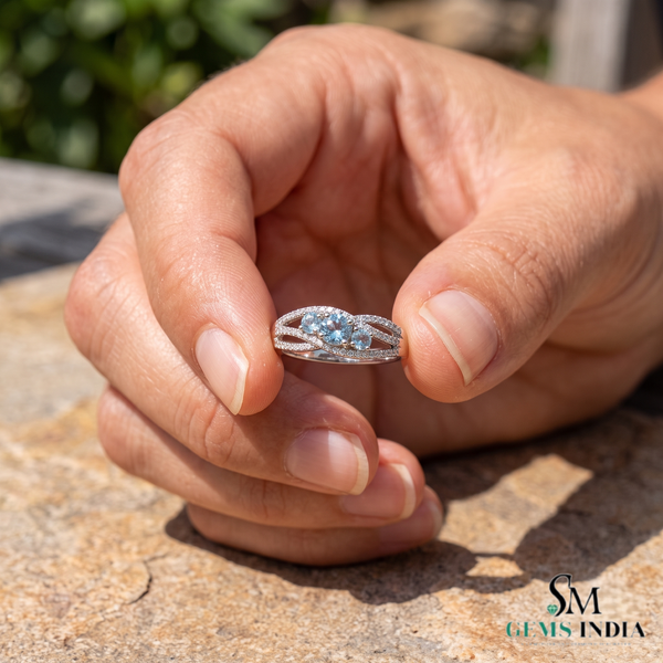 Elegant Triple Round Aquamarine And Diamond Ring - Three Stone Gemstone Ring