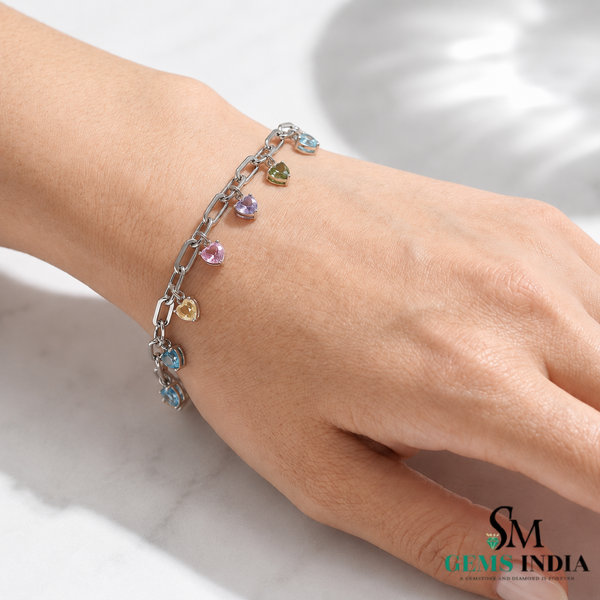Pastel Heart Charm Bracelet – Multicolor Gemstone Dangle Chain Bracelet for Women
