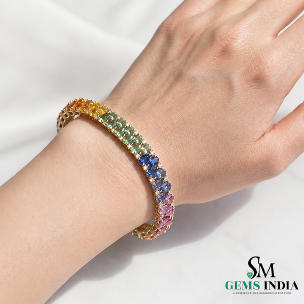 Rainbow Pear Multi Sapphire Tennis Bracelet -Luxury Statement Jewelry Gift for Women