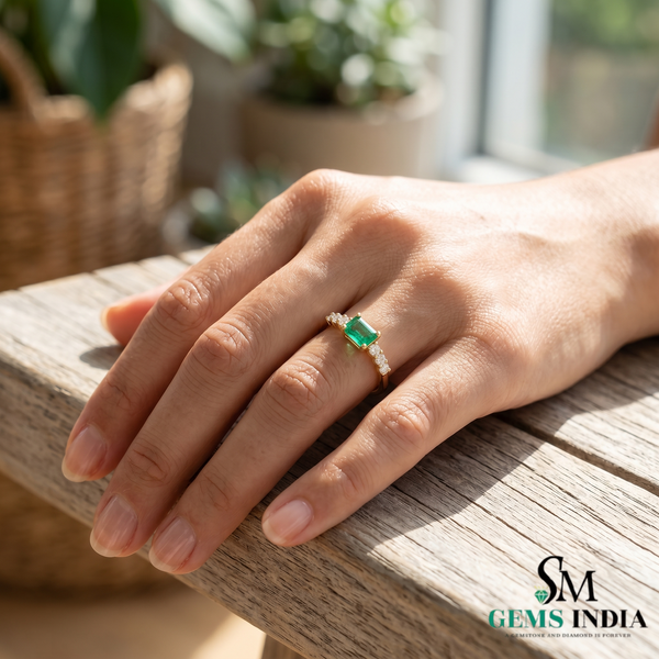 Minimalist Emerald Cut Emerald Engagement Ring with Diamond Accents in Gold
