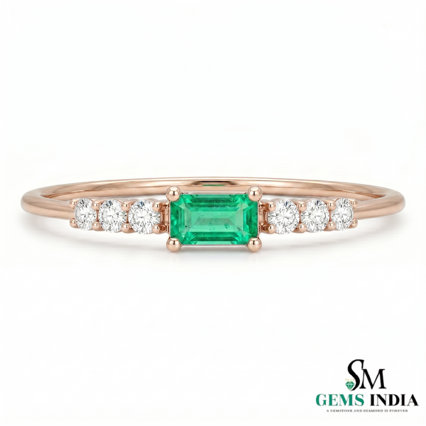 Minimalist Emerald Cut Emerald Engagement Ring with Diamond Accents in Gold