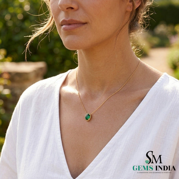 Green Emerald Halo Necklace in 14k Gold – Elegant Oval Gemstone Pendant