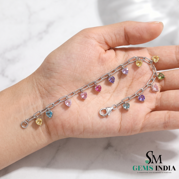 Pastel Heart Charm Bracelet – Multicolor Gemstone Dangle Chain Bracelet for Women