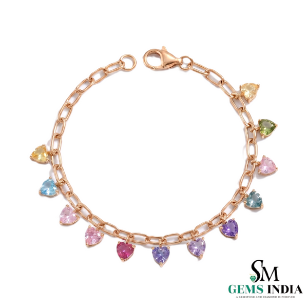 Pastel Heart Charm Bracelet – Multicolor Gemstone Dangle Chain Bracelet for Women