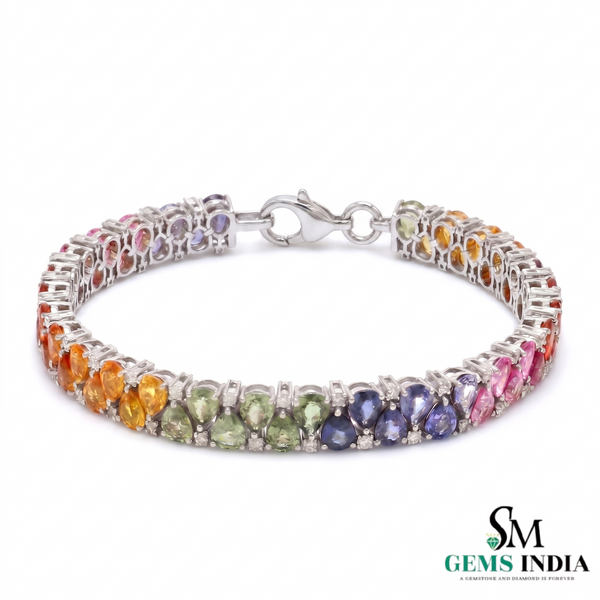 Rainbow Pear Multi Sapphire Tennis Bracelet -Luxury Statement Jewelry Gift for Women