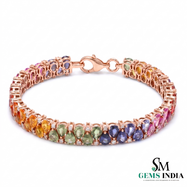 Rainbow Pear Multi Sapphire Tennis Bracelet -Luxury Statement Jewelry Gift for Women