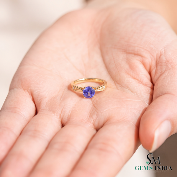 Round Cut Tanzanite Solitaire Ring With Diamond Accents - Genuine Gemstone Jewelry