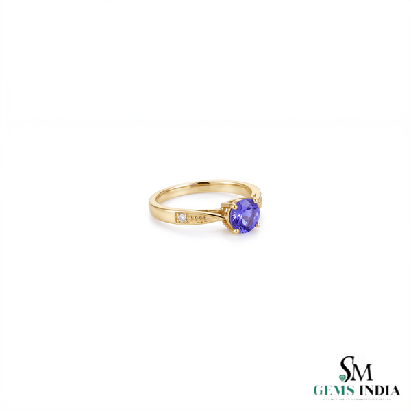Round Cut Tanzanite Solitaire Ring With Diamond Accents - Genuine Gemstone Jewelry
