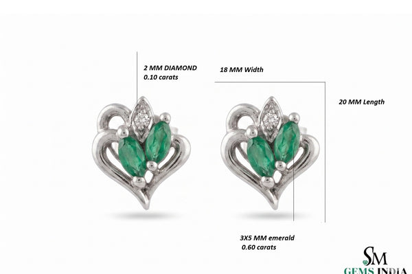 Marquise Emerald Heart Shaped Gold Stud Earrings