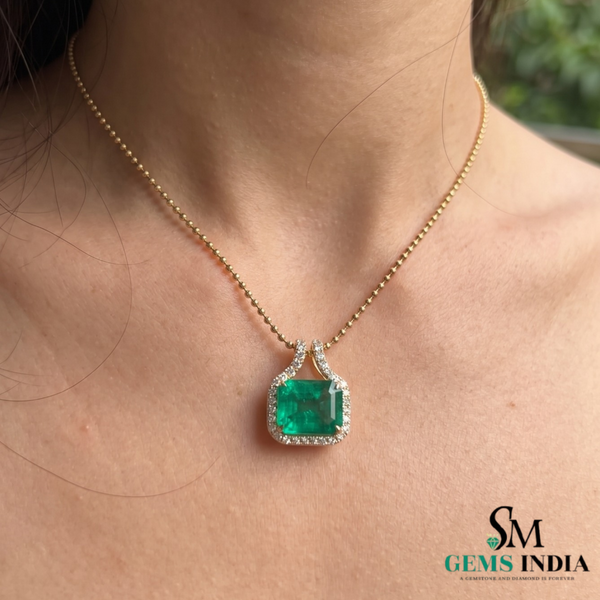 Octagon Cut Emerald & Diamond Halo Pendant - Fine Emerald Jewelry
