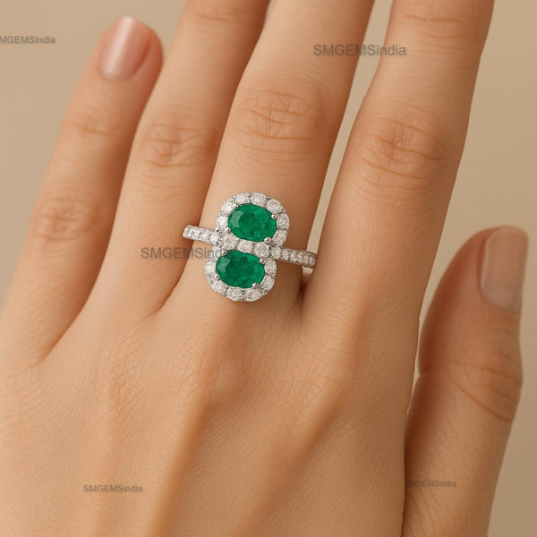 Double Emerald Halo Ring | Oval Cut Emerald & Diamond Ring | Toi et Moi Emerald Ring | May Birthstone Jewelry | Engagement Anniversary Gift