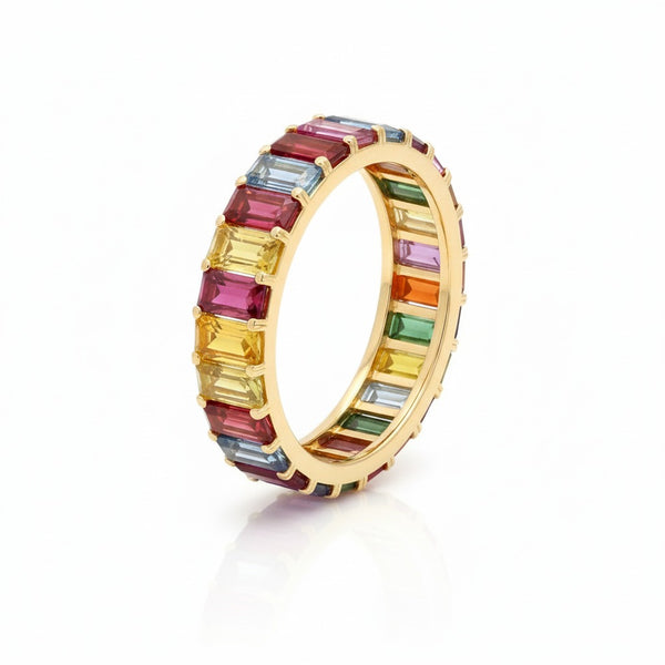 Rainbow Sapphire Eternity Band Ring: 14k Gold Prong Setting Full Eternity Band Ring