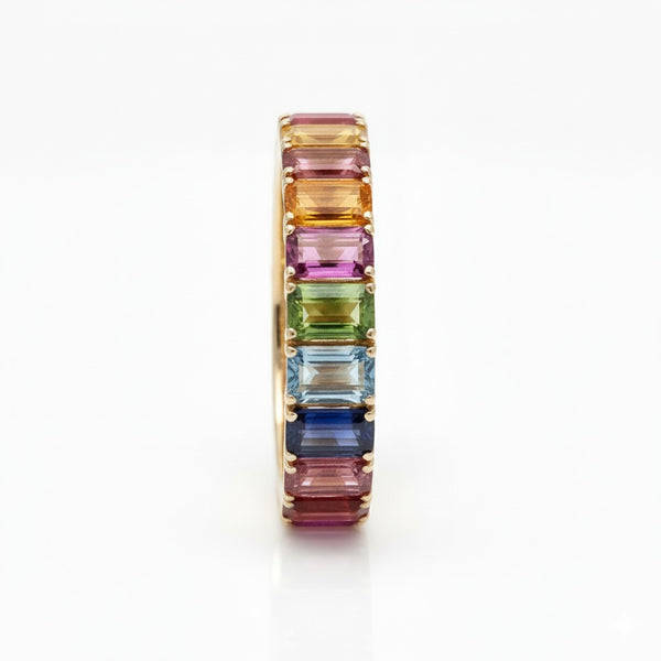 Rainbow Sapphire And Diamonds Full Eternity Band Ring: 14k Gold Prong Setting Full Eternity Band Ring