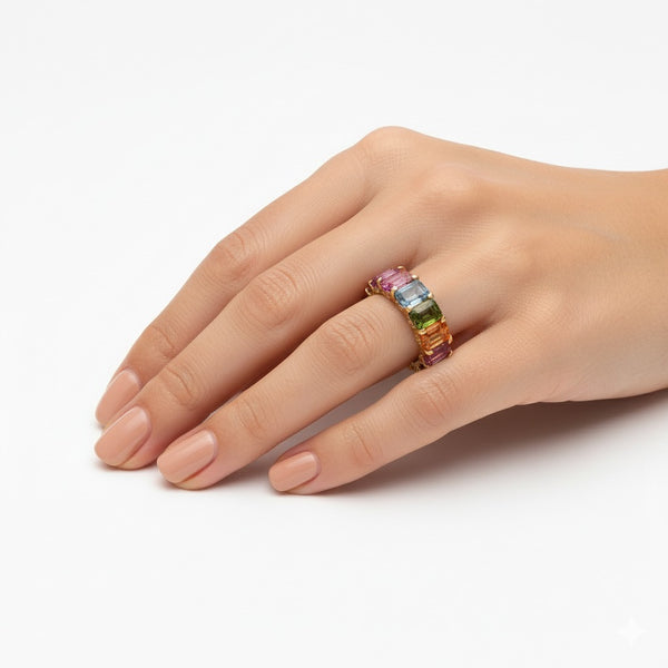 Rainbow Sapphire And Diamonds Full Eternity Band Ring: 14k Gold Prong Setting Full Eternity Band Ring