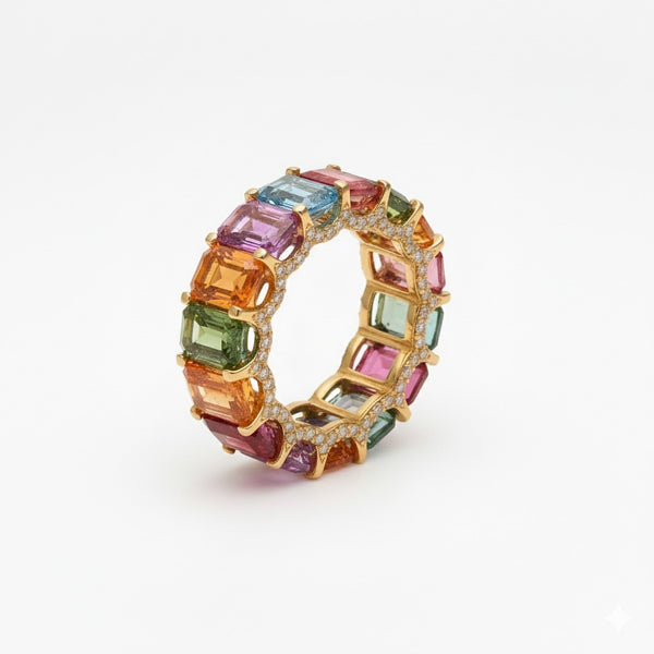 Rainbow Sapphire And Diamonds Full Eternity Band Ring: 14k Gold Prong Setting Full Eternity Band Ring