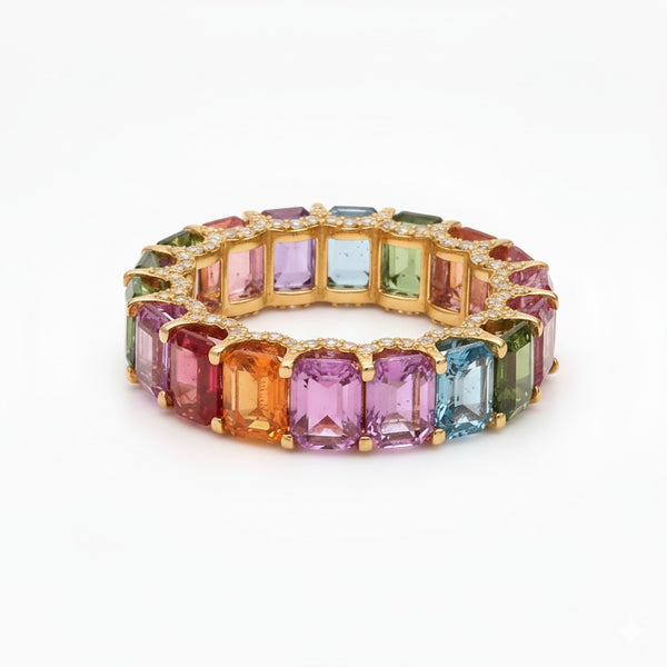 Rainbow Sapphire And Diamonds Full Eternity Band Ring: 14k Gold Prong Setting Full Eternity Band Ring