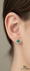 Natural Emerald Princess Cut Stud Earrings with Diamond Side Accent