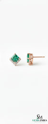 Natural Emerald Princess Cut Stud Earrings with Diamond Side Accent