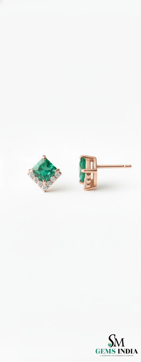 Natural Emerald Princess Cut Stud Earrings with Diamond Side Accent