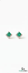 Natural Emerald Princess Cut Stud Earrings with Diamond Side Accent