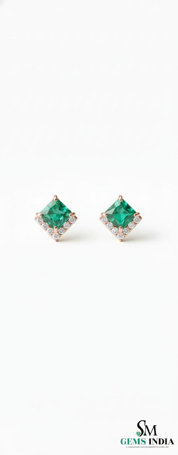 Natural Emerald Princess Cut Stud Earrings with Diamond Side Accent