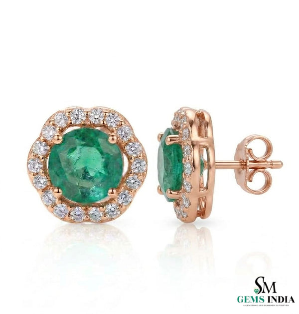 Round Emerald & Diamond Halo Stud Earrings in 14K Gold - Everyday Jewelry