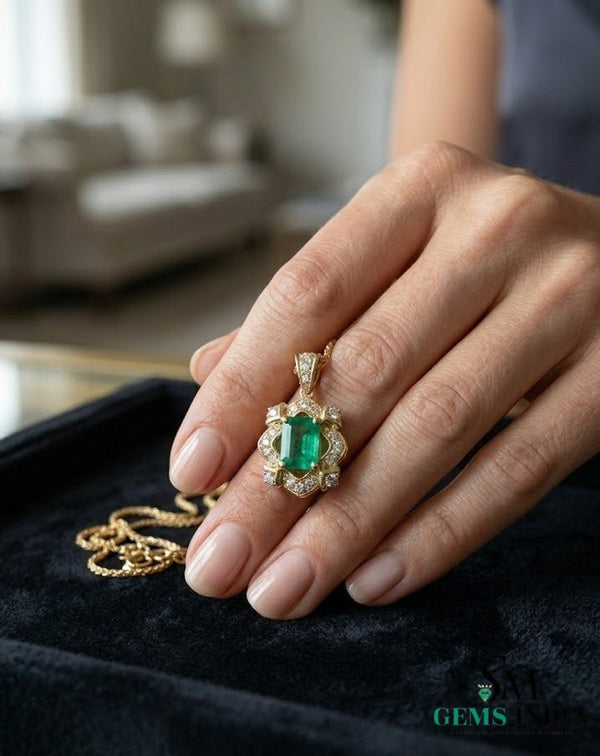 Vintage Style Emerald Cut Green Emerald Diamond Pendant