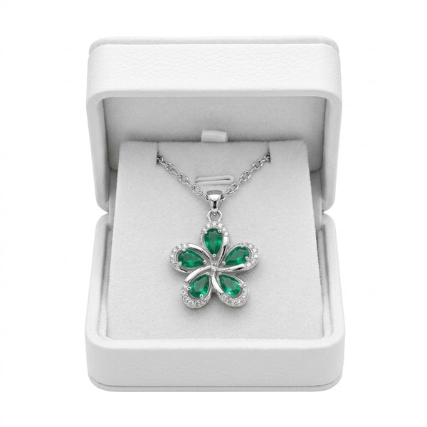 Pear Cut Emerald Flower Pendant with Diamond Halo in 18k Gold