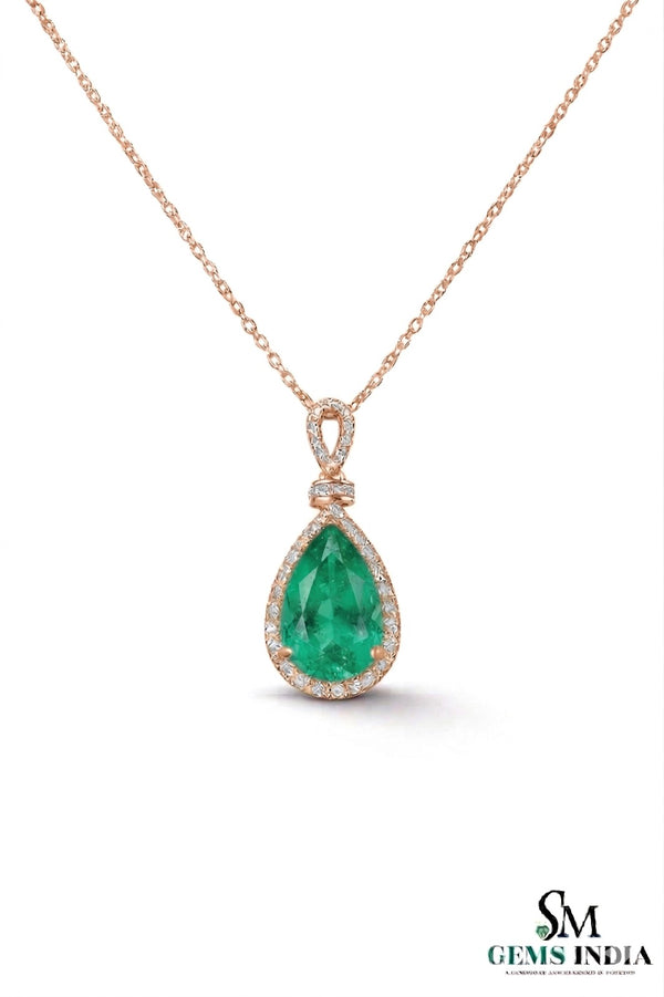 Pear-Shaped Natural Emerald & Diamond Halo Pendant - May Birthstone