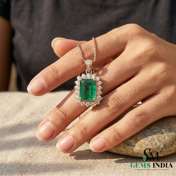 Emerald Cut Green Emerald & Diamond Halo Pendant - Fine Jewelry Emerald Pendant