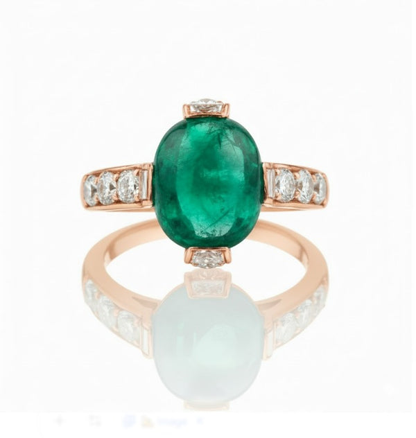 Oval shape Natural Emerald Cabochon Engagement Ring with Diamond Band 3.20 carat 18K Gold Ring