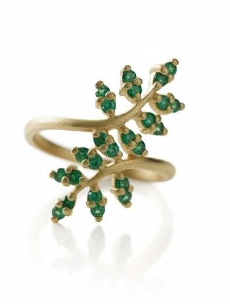 080 carats Gold Leaf Ring with Natural Green Emeralds 14k Gold Fine Jewelry