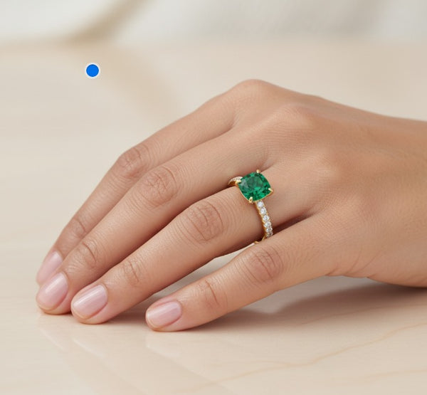 1.10 Carat Natural Emerald Cushion Cut Ring with Diamond Ring Engagement or Anniversary Ring