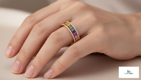 Doppelter Smaragd-Ring in offenem Design aus 14 Karat Gold – Band mit quadratisch und rund geschliffenen grünen Edelsteinen