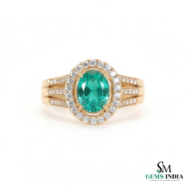 Einzigartiger ovaler Cabochon-Smaragd- und Diamantring, 14 Karat Gold, Smaragd-Verlobungsring