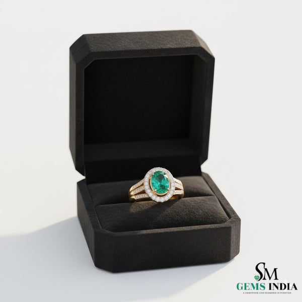 Einzigartiger ovaler Cabochon-Smaragd- und Diamantring, 14 Karat Gold, Smaragd-Verlobungsring