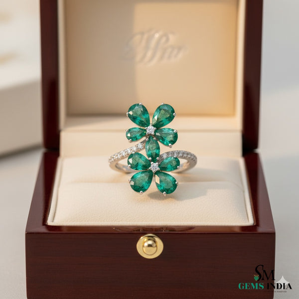 Women Flower Style Natural Zambian Emerald Engagement Ring - 18k Solid Gold May Birthstone Ring