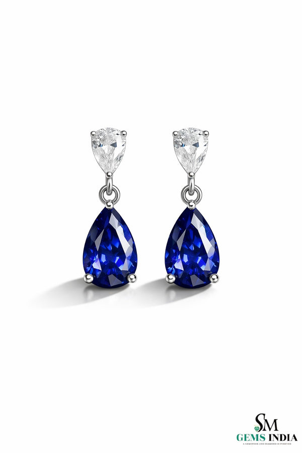 Pear Blue Moissanite Drop Earrings with White Moissanite Accents