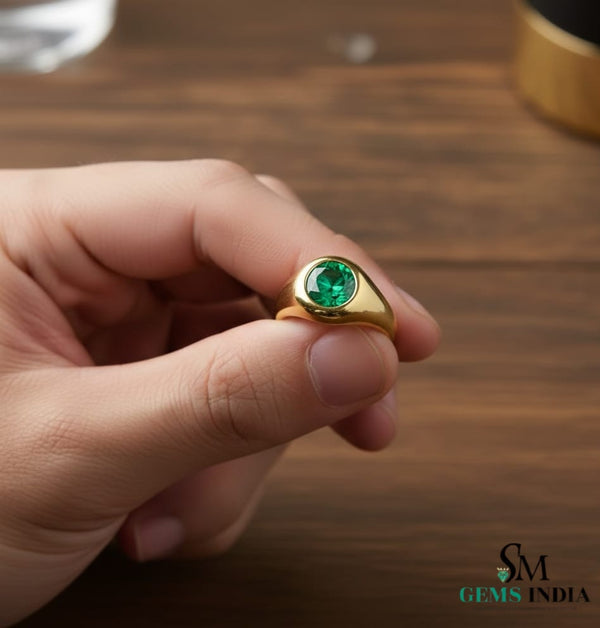 Men's Zambian Natural Emerald Ring: Vivid Green Solitaire, 18k Solid Gold