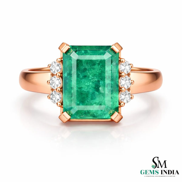 Natural Octagon Emerald & Diamond Mens Ring - 14K Solid Gold Engagement Ring