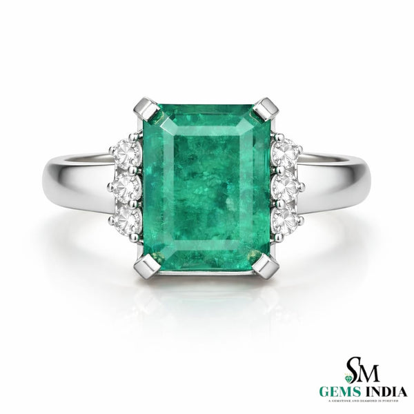 Natural Octagon Emerald & Diamond Mens Ring - 14K Solid Gold Engagement Ring